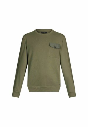 Olivenfarbener Sweatshirt mit gerippter Textur, Rundhalsausschnitt, langen Ärmeln und einer einzelnen Brusttasche mit Knopfverschluss.