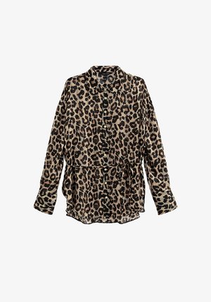 Blouse met luipaardprint van lichtgewicht stof, voorzien van een knoopsluiting aan de voorkant, kraag, strikceintuur en lange mouwen met knoopmanchetten.