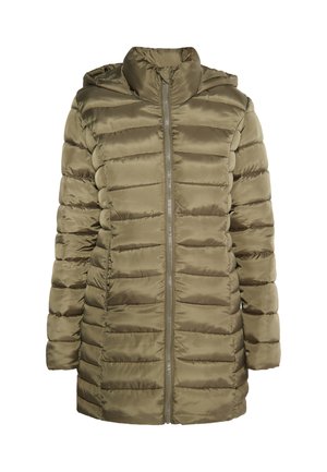 Olivgrüne Pufferjacke mit Reißverschluss, Kapuze und horizontalem Steppmuster. Glatte Textur mit lässiger Silhouette.