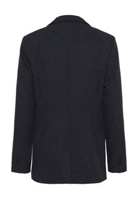 Blazer su misura grigio scuro con maniche lunghe, polsini abbottonati e un'unica fessura posteriore, mostrato da dietro su uno sfondo bianco.