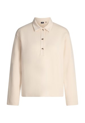 Roomkleurig poloshirt met lange mouwen, een kraag, een knoopsluiting met drie knopen en een losse pasvorm. Glad, zacht materiaal zonder zichtbare patronen.