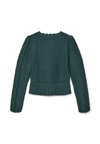 Maglione verde lavorato a maglia con maniche lunghe, orlo a coste e dettagli testurizzati lungo le maniche. Collo a giro e design aderente.