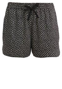 Shorts noirs avec un motif de pois blancs, taille élastique avec cordon de serrage, et une coupe ample pour le confort.