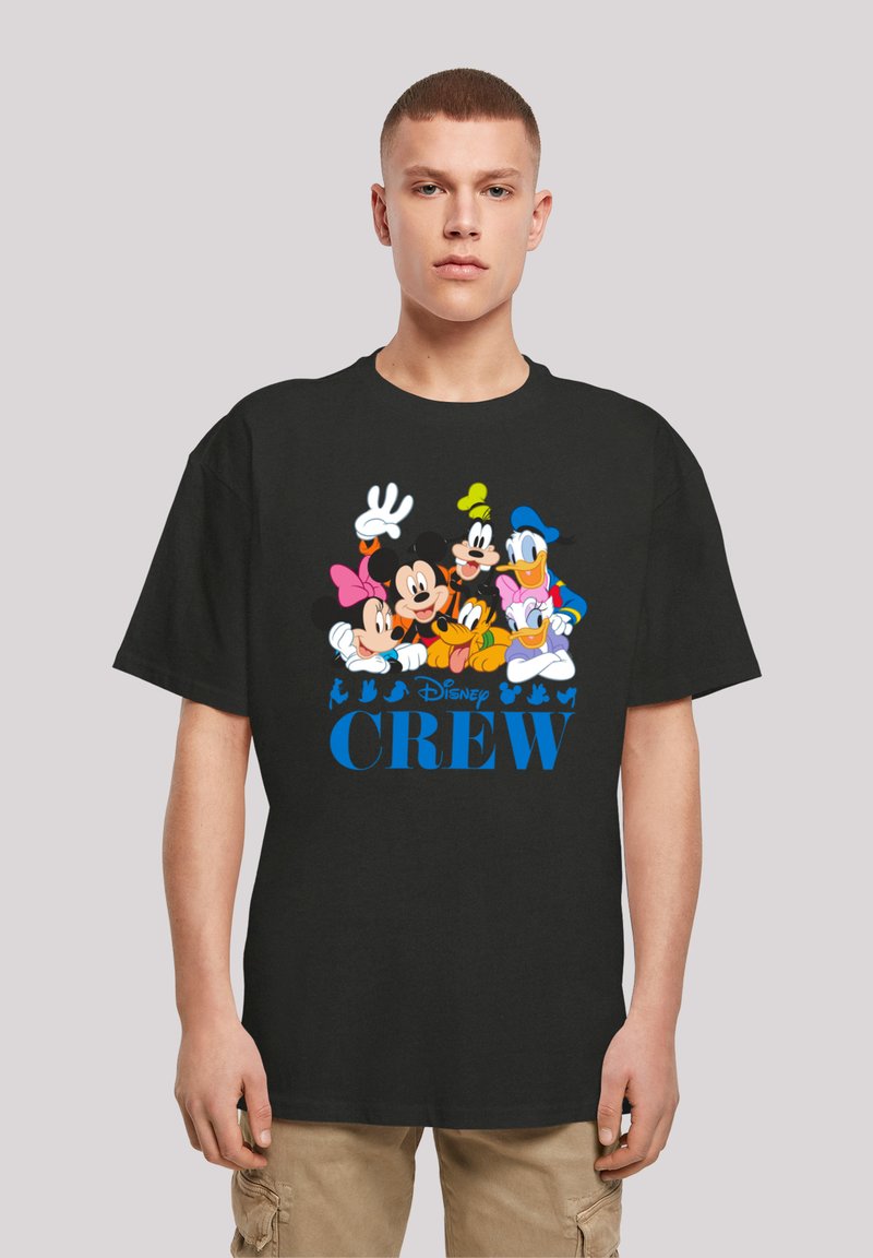 Juodas medvilnės marškinėliai su spalvinga Disney personažų grafika: Mikis Pūkuotukas, Minė Pūkuotukė, Gufi ir Donaldas Daku, su užrašu "Disney CREW".