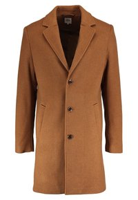 Brun ullrock med slagkrage, enkelradig knäppning, två framfickor och slät yta.