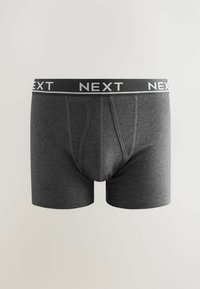 Boxer-briefs gris en tissu doux avec une taille élastique portant la marque "NEXT" en blanc. Design à jambes courtes avec un ajustement près du corps.