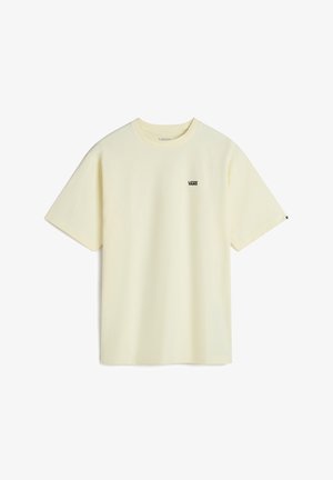 Lysgul bomulds t-shirt med rund hals, korte ærmer og et lille sort "VANS" logo på venstre bryst.
