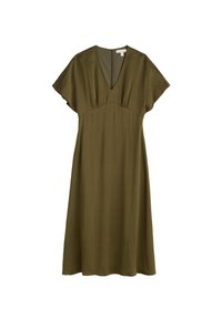 Vihreä oliivinvärinen mekko pehmeästä kankaasta, jossa on V-kaula-aukko, lyhyet hihat ja kerätty vyötärö. Valuu polven pituuteen, minimalistiset suunnittelutiedot.