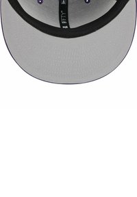 Gray baseball cap with a flat brim, featuring a black underside and purple accents on the eyelets, labeled "9FIFTY" on the interior.