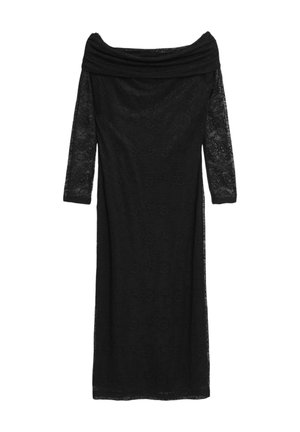 Schwarzes Spitzenkleid mit schulterfreiem Ausschnitt, Dreiviertelärmeln, floralem Muster und taillierter Silhouette, das bis zur Mitte der Wade reicht.