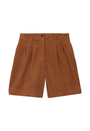 Bruine suède shorts met een hoge taille, plooien aan de voorkant, broekriemlussen, een knoopsluiting en een licht uitlopende pijp.