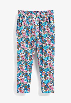 Dziecięce spodnie z elastycznym pasem w kolorowy kwiatowy wzór w odcieniach niebieskiego, różowego, pomarańczowego i zielonego oraz z bocznymi kieszeniami.