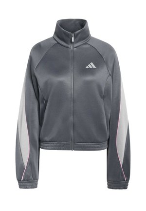 Šedá bunda na zip s vysokým límcem, texturovaná látka, světle šedé akcenty na rukávech a růžové lemování; obsahuje logo Adidas.