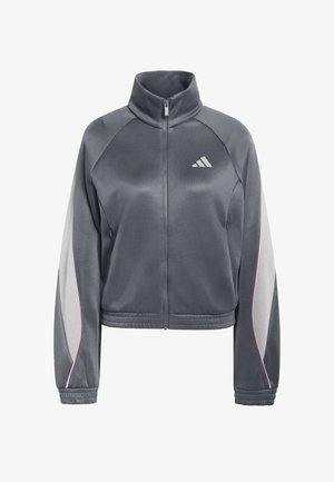 Sivá bunda na zips s vysokým golierom, textúrovaná tkanina, svetlosivé prvky na rukávoch a ružové lemovanie; obsahuje logo Adidas.