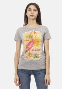 Grijze katoenen T-shirt met een kleurrafisch van een flamingo, met de tekst "Miami Beach" en een verouderde afwerking.