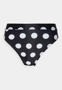 Parte de baixo de bikini preta com bolinhas brancas. Apresenta um design de cintura alta e tecido liso e elástico. Costuras acentuadas para maior durabilidade.