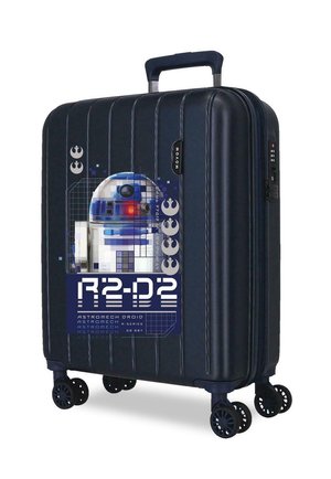 Maleta rígida azul oscuro con gráfico del droide de Star Wars R2-D2, cuatro ruedas dobles giratorias y asa telescópica extendida.