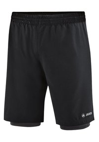 Černé sportovní šortky s elastickým pasem, s hladkým povrchem a vnitřním podšívkou. Logo JAKO na dolní pravé straně.