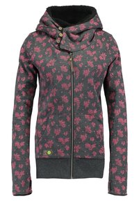 Met een capuchon, deze grijze rits-hoodie heeft een roze bladerenpatroon en is voorzien van een zachte binnenvoering en twee voorkennis.