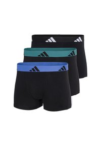 Črne bokserice s pasovi v različnih barvah: zeleni, modri in črni, ki imajo na vsakem pasu kontrastno belo logotip Adidas.