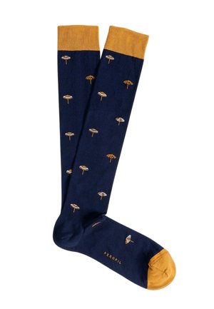 Calzini blu navy con polsini e punte giallo senape, decorati con piccoli ombrelli ricamati e il nome del marchio "PEROFIL" sul piede.