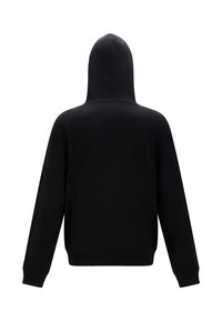 Sudadera negra con capucha y mangas largas, hecha de una tela suave. Presenta un diseño sencillo y un dobladillo ajustado en los puños y la cintura.