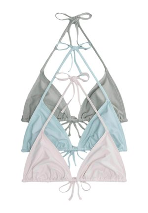Three triangle bikini tops in gray, light blue, and pale pink, each with halter neck and back tie straps, stacked vertically on white background.