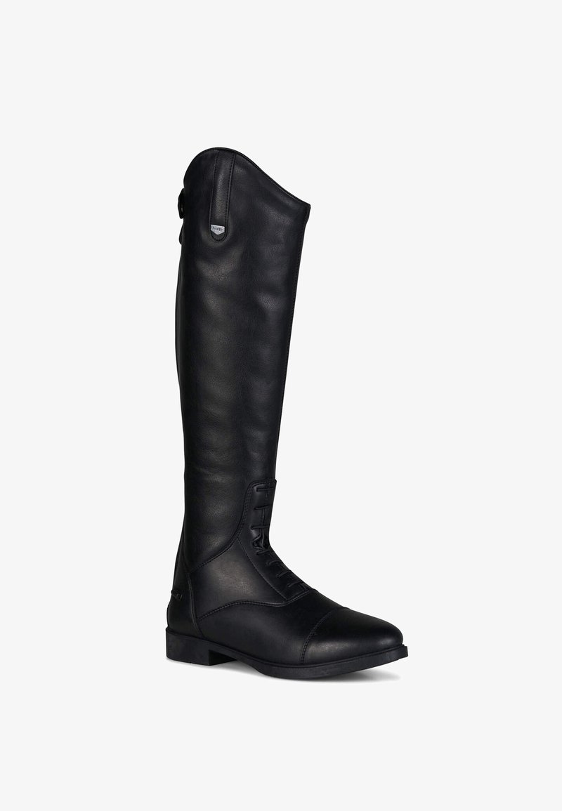 Bottes d'équitation en cuir noir avec une tige haute, un laçage à l'avant et un bout arrondi. Elles présentent une texture lisse et un logo de marque discret sur le côté.