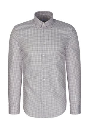 Chemise à manches longues boutonnée avec un petit motif à carreaux noirs et blancs et un col boutonné.