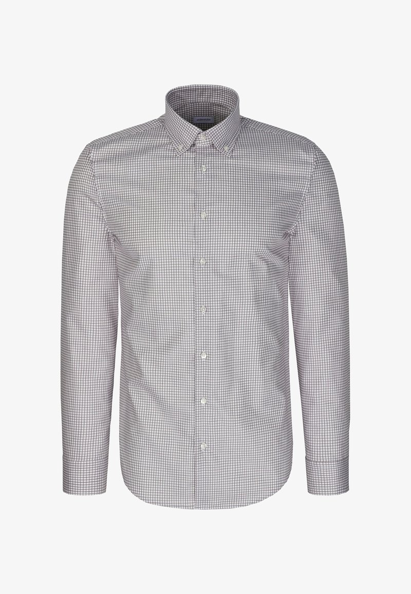 Chemise à manches longues boutonnée avec un petit motif à carreaux noirs et blancs et un col boutonné.