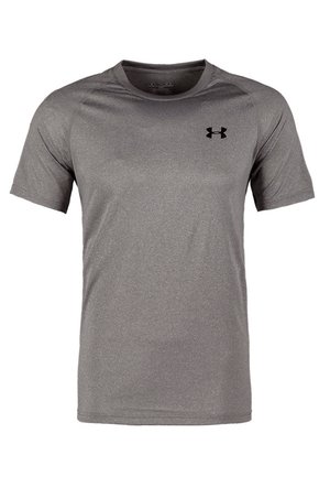 Gray short-sleeve athletic t-shirt made from lightweight, breathable fabric. Features a black logo on the chest and a crew neckline.