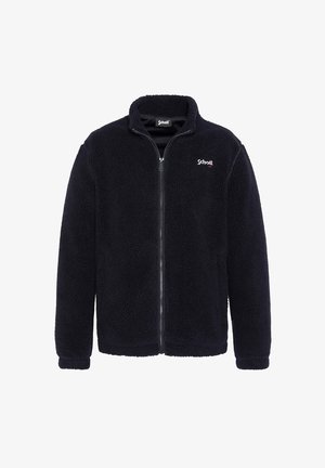 Marineblå fleecejakke med fuld lynlås, høj krave, lange ærmer og subtil tekstureret overflade. Har et lille logo på venstre bryst.