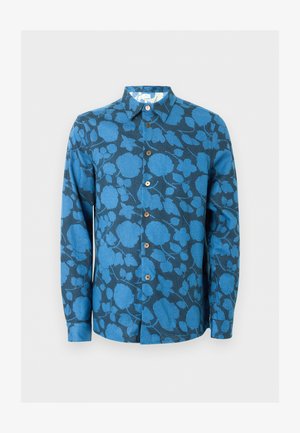 Hosszú ujjú, gombos ing sötét alapon kék virágmintával, klasszikus gallérral és barna gombokkal.