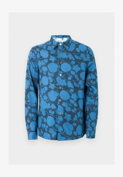 Πουκάμισο με μακριά μανίκια και κουμπιά, με μπλε ανθικό μοτίβο σε σκούρο φόντο, διαθέτει κλασικό γιακά και καφέ κουμπιά.