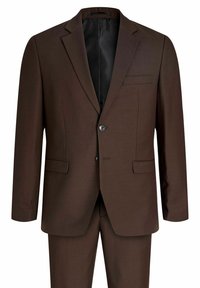 Brauner Anzug aus glattem Stoff; einreihiges Design mit zwei Knöpfen, Reverskragen und einer Brusttasche. Beinhaltet passende Hose.