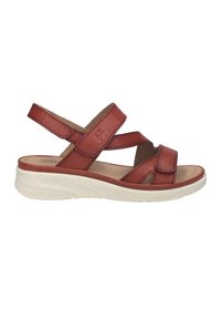 Sandale en cuir marron à bout ouvert avec des brides Velcro ajustables et une semelle blanche rembourrée pour un usage décontracté.