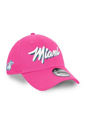 Pink baseball cap featuring "Miami" in white and blue embroidery, with a logo accent on the side. Adjustable strap for fit.