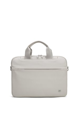Borsa per laptop rettangolare grigio chiaro con doppi manici, tasca anteriore con zip e piccolo logo circolare nell’angolo in basso a destra.