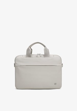 Light gray rectangular laptop bag with dual handles, front zip pocket, and small circular logo at bottom right corner.