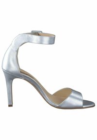 Sandalini con tacco alto argentati, design open-toe, sottile cinturino alla caviglia e finitura metallica liscia. Presentano una silhouette elegante e tacco a stiletto.