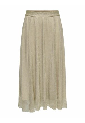 Lunga gonna di un dorato chiaro con un tessuto testurizzato semi-trasparente e una cintura elastica. Design lungo fino a terra con dettagli di pieghe verticali.