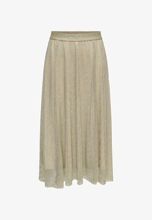 Garšīga, gaiši zelta svārku, kas izgatavota no strukturēta, daļēji caurspīdīga auduma un ar elastīgu jostasvietu. Grīdas garuma dizains ar vertikāliem izšuvumiem.