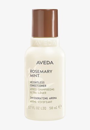 Bottiglia di balsamo senza peso Aveda Rosemary Mint con tappo marrone, 50 ml, etichettata come ultra leggera e aroma rinvigorente.