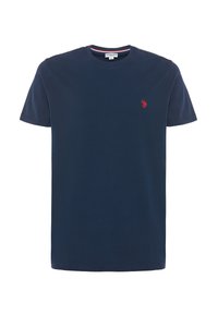 T-shirt blu navy in cotone con maniche corte, collo rotondo e piccolo logo rosso sul petto a sinistra. Tessuto liscio, vestibilità regolare.