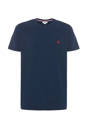 T-shirt blu navy in cotone con maniche corte, collo rotondo e piccolo logo rosso sul petto a sinistra. Tessuto liscio, vestibilità regolare.
