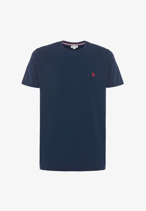 T-shirt blu navy in cotone con maniche corte, collo rotondo e piccolo logo rosso sul petto a sinistra. Tessuto liscio, vestibilità regolare.