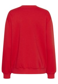 Rotes Sweatshirt, lange Ärmel, gerippter Halsausschnitt und Bündchen, glatte Textur, lockere Passform, keine sichtbaren Logos oder Muster auf der Rückseite.