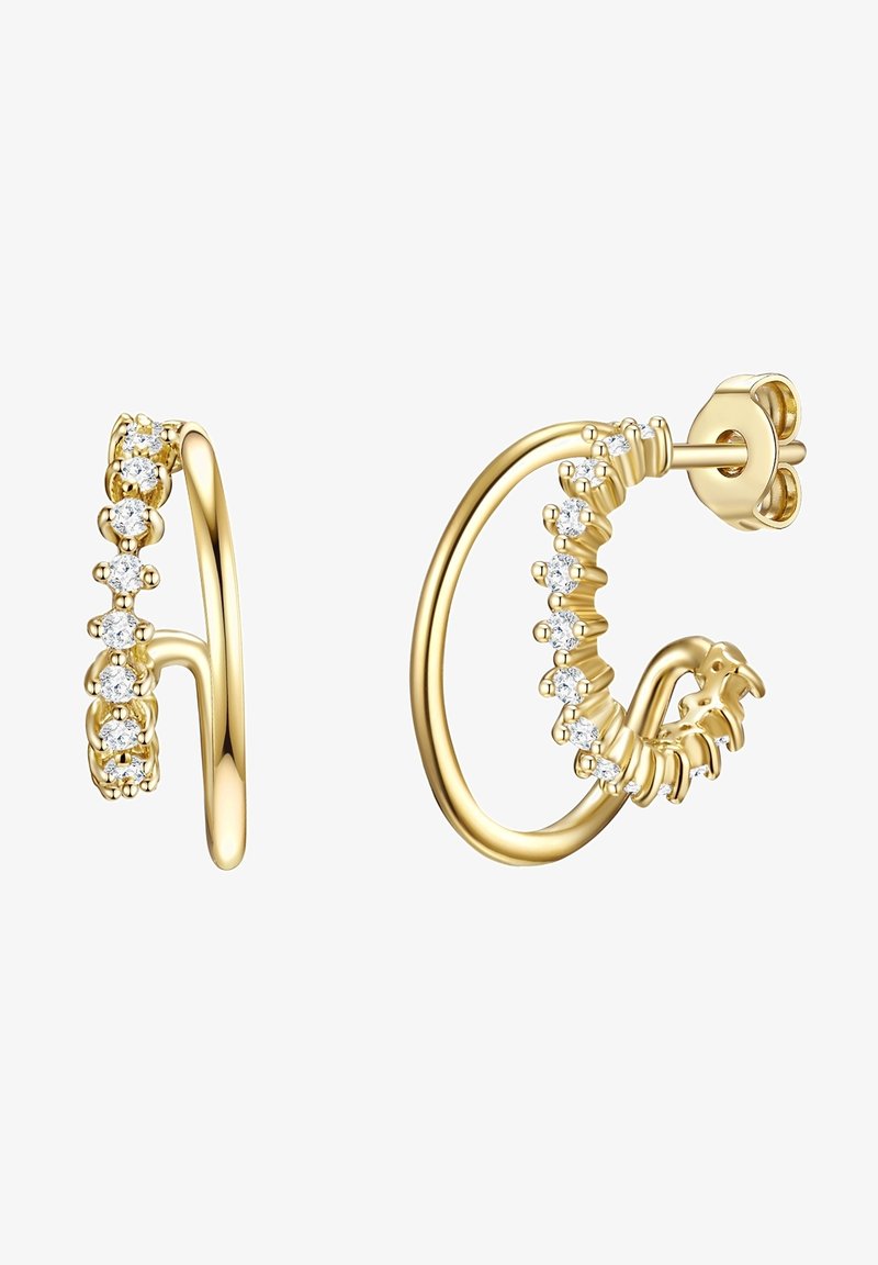 Zelta riņķa auskari ar savītas formas dizainu un caurspīdīgiem dārgakmeņiem, kas akcentē priekšpusi. Gluda tekstūra ar pulētu apdari.