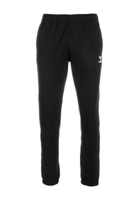 Czarne spodnie dresowe z elastyczną talią, zwężanymi nogawkami i małym białym logo na górnej lewej części uda.