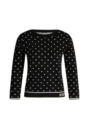 Pull noir à pois blancs, col rond, manches longues, et une bande blanche à l'ourlet avec le nom de la marque "JOOP." Matière en tricot doux.